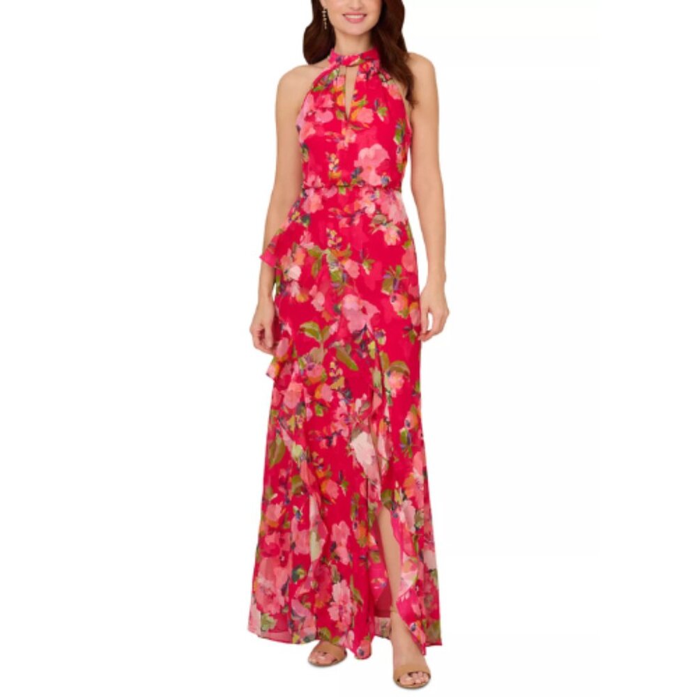 Adrianna Papell Red Floral Ruffle Chiffon Gown Event Formal Cocktail Wedding